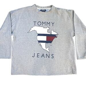 Vintage XL Tommy Jeans USA Baggy Oversized Sweatshirt 90s Y2K Logo Gray Crewneck
